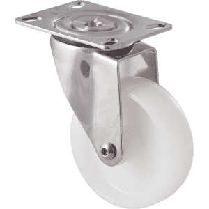 M Series castor, 100mm white nylon wheel, plain bearing, stainless steel swivel plate, axle spacer, 150 kg load