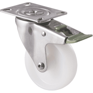 M Series castor, 100mm white nylon wheel, plain bearing, stainless steel swivel plate, direction lock, axle spacer, 150 kg load