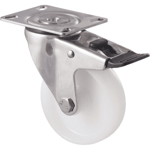 M Series castor, 100mm white nylon wheel, plain bearing, stainless steel swivel plate, total brake, axle spacer (hex bolt axle), 150 kg load