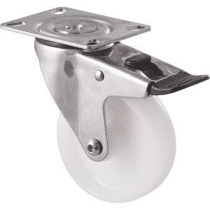 M Series castor, 100mm white nylon wheel, plain bearing, stainless steel swivel plate, total brake, axle spacer, 150 kg load