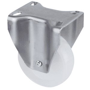 M Series castor, 100mm white nylon wheel, plain bearing, zinc fork, fixed plate, stainless steel axle spacer, Chicago screw axle, 150 kg load