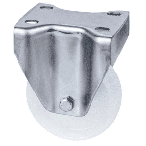 M Series castor, 100mm white nylon wheel, plain bearing, zinc fork, fixed North American (NA) plate, stainless steel axle spacer, 150 kg load