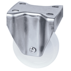 M Series castor, 100mm white nylon wheel, plain bearing, zinc fork, fixed North American (NA) plate, stainless steel axle spacer, Chicago screw axle, 150 kg load