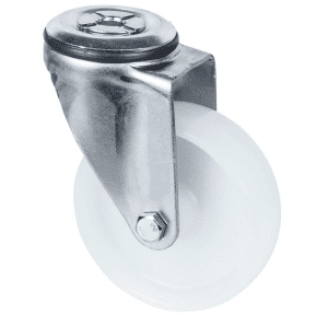M Series castor, 100mm white nylon wheel, plain bearing, zinc fork, swivel bolt hole, stainless steel axle spacer, 150 kg load