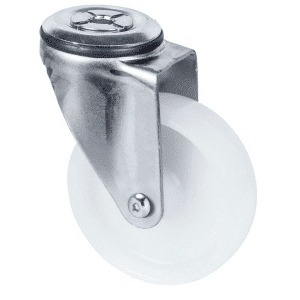 M Series castor, 100mm white nylon wheel, plain bearing, zinc fork, swivel bolt hole, stainless steel axle spacer, Chicago screw axle, 150 kg load