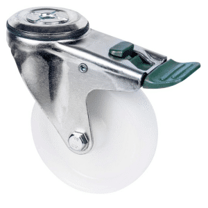 M Series castor, 100mm white nylon wheel, plain bearing, zinc fork, swivel bolt hole, direction lock, stainless steel axle spacer, 150 kg load