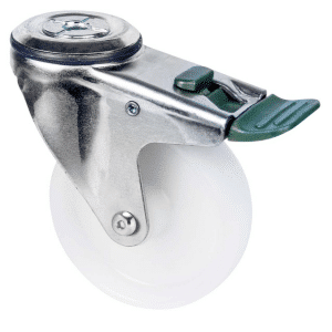 M Series castor, 100mm white nylon wheel, plain bearing, zinc fork, swivel bolt hole, direction lock, stainless steel axle spacer, Chicago screw axle, 150 kg load