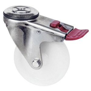 M Series castor, 100mm white nylon wheel, plain bearing, zinc fork, swivel bolt hole, total brake, stainless steel axlespacer, 150 kg load
