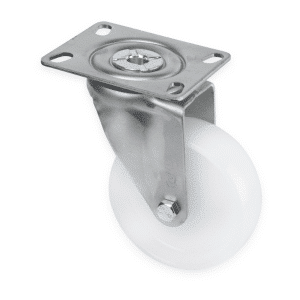 M Series castor, 100mm white nylon wheel, plain bearing, zinc fork, swivel plate, stainless steel axle spacer, 150 kg load