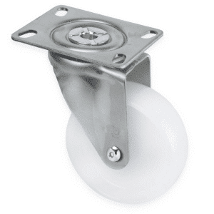 M Series castor, 100mm white nylon wheel, plain bearing, zinc fork, swivel plate, stainless steel axle spacer, Chicago screw axle, 150 kg load