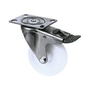 M Series castor, 100mm white nylon wheel, plain bearing, zinc fork, swivel plate, direction lock, stainless steel axle spacer, 150 kg load