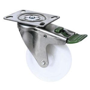 M Series castor, 100mm white nylon wheel, plain bearing, zinc fork, swivel plate, direction lock, stainless steel axle spacer, Chicago screw axle, 150 kg load