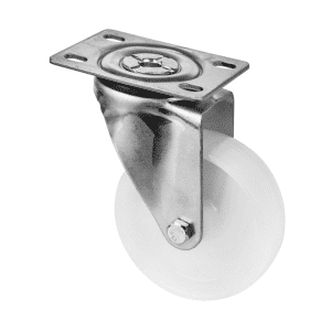 M Series castor, 100mm white nylon wheel, plain bearing, zinc fork, swivel North American (NA) plate, stainless steel axle spacer, 150 kg load
