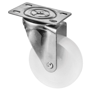 M Series castor, 100mm white nylon wheel, plain bearing, zinc fork, swivel North American (NA) plate, stainless steel axle spacer, Chicago screw axle, 150 kg load