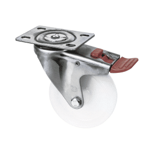 M Series castor, 100mm white nylon wheel, plain bearing, zinc fork, swivel North American (NA) plate, total brake, stainless steel axle spacer, 150 kg load