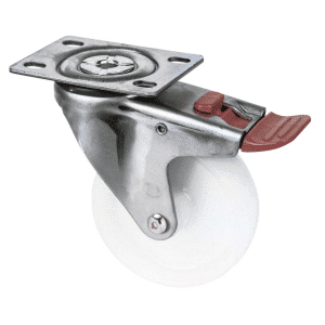 M Series castor, 100mm white nylon wheel, plain bearing, zinc fork, swivel North American (NA) plate, total brake, stainless steel axle spacer, Chicago screw axle, 150 kg load