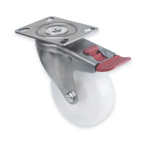 M Series castor, 100mm white nylon wheel, plain bearing, zinc fork, swivel plate, total brake, stainless steel axle spacer, 150 kg load