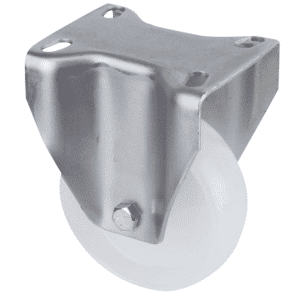 M Series castor, 100mm white nylon wheel, plain bearing, fixed plate, 150 kg load