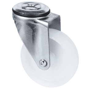 M Series castor, 100mm white nylon wheel, plain bearing, swivel bolt hole, black seal & pedal, Chicago screw axle, 150 kg load