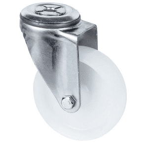 M Series castor, 100mm white nylon wheel, plain bearing, swivel bolt hole grey seal & pedal, 150 kg load