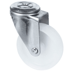 M Series castor, 100mm white nylon wheel, plain bearing, swivel bolt hole grey seal & pedal, Chicago screw axle, 150 kg load