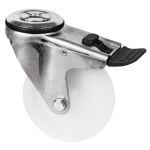 M Series castor, 100mm white nylon wheel, plain bearing, swivel bolt hole, total brake, black seal & pedal, 150 kg load