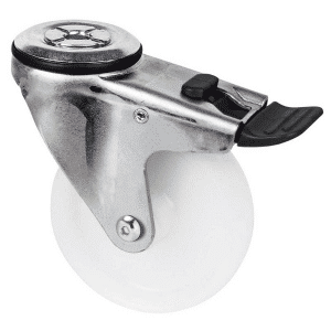 M Series castor, 100mm white nylon wheel, plain bearing, swivel bolt hole, total brake, black seal & pedal, Chicago screw axle, 150 kg load