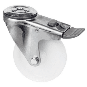 M Series castor, 100mm white nylon wheel, plain bearing, swivel bolt hole, total brake, grey seal & pedal, 150 kg load