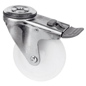 M Series castor, 100mm white nylon wheel, plain bearing, swivel bolt hole, total brake, grey seal & pedal, Chicago screw axle, 150 kg load