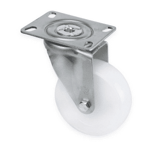 M Series castor, 100mm white nylon wheel, plain bearing, swivel plate, black seal & pedal, 150 kg load