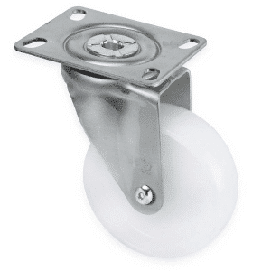M Series castor, 100mm white nylon wheel, plain bearing, swivel plate, black seal & pedal, Chicago screw axle, 150 kg load