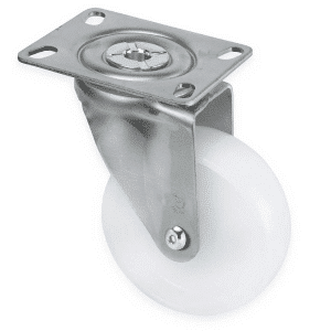 M Series castor, 100mm white nylon wheel, plain bearing, swivel plate, Chicago screw axle, 150 kg load
