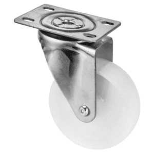 M Series castor, 100mm white nylon wheel, plain bearing, swivel North American (NA) plate, Chicago screw axle, 150 kg load