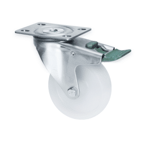 M Series castor, 100mm white nylon wheel, plain bearing, swivel North American (NA) plate, direction lock, 150 kg load