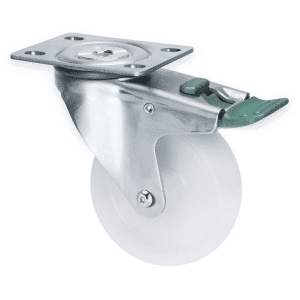 M Series castor, 100mm white nylon wheel, plain bearing, swivel North American (NA) plate, direction lock, Chicago screw axle, 150 kg load