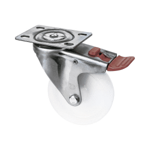 M Series castor, 100mm white nylon wheel, plain bearing, swivel North American (NA) plate, total brake, 150 kg load