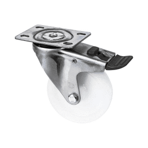 M Series castor, 100mm white nylon wheel, plain bearing, swivel North American (NA) plate, total brake, black seal & pedal, 150 kg load