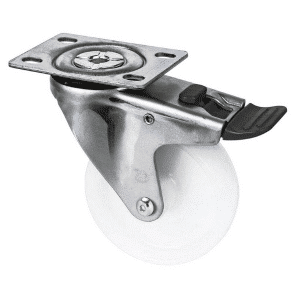 M Series castor, 100mm white nylon wheel, plain bearing, swivel North American (NA) plate, total brake, black seal & pedal, Chicago screw axle, 150 kg load