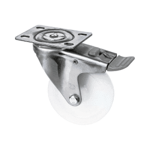 M Series castor, 100mm white nylon wheel, plain bearing, swivel North American (NA) plate, total brake, grey seal & pedal, 150 kg load