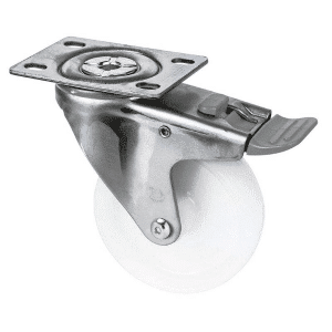 M Series castor, 100mm white nylon wheel, plain bearing, swivel North American (NA) plate, total brake, grey seal & pedal, Chicago screw axle, 150 kg load