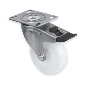 M Series castor, 100mm white nylon wheel, plain bearing, swivel plate, total brake, black seal & pedal, 150 kg load