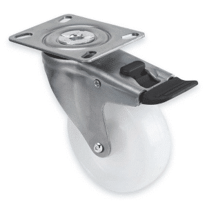 M Series castor, 100mm white nylon wheel, plain bearing, swivel plate, total brake, black seal & pedal, Chicago screw axle, 150 kg load