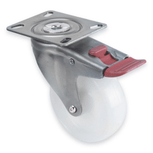 M Series castor, 100mm white nylon wheel, plain bearing, swivel plate, total brake, Chicago screw axle, 150 kg load