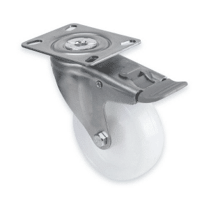 M Series castor, 100mm white nylon wheel, plain bearing, swivel plate, total brake, grey seal & pedal, 150 kg load