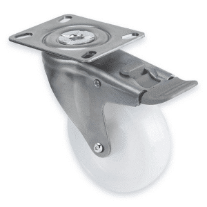 M Series castor, 100mm white nylon wheel, plain bearing, swivel plate, total brake, grey seal & pedal, Chicago screw axle, 150 kg load