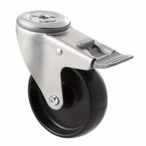 M Series castor, 100mm black nylon wheel, swivel bolt hole, total brake, grey seal & pedal, Chicago screw axle, 150 kg load