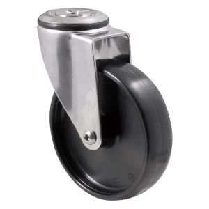 M Series castor, stainless steel, 125mm black nylon wheel, plain bearing, swivel bolt hole, 150 kg load