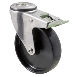 M Series castor, stainless steel, 125mm black nylon wheel, plain bearing, swivel bolt hole, direction lock, 150 kg load