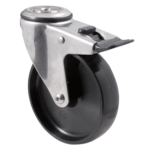M Series castor, stainless steel, 125mm black nylon wheel, plain bearing, swivel bolt hole, total brake, 150 kg load