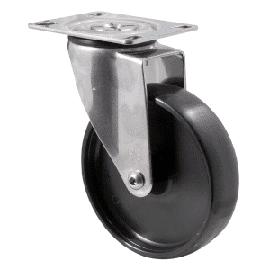 M Series castor, stainless steel, 125mm black nylon wheel, plain bearing, swivel plate, 150 kg load